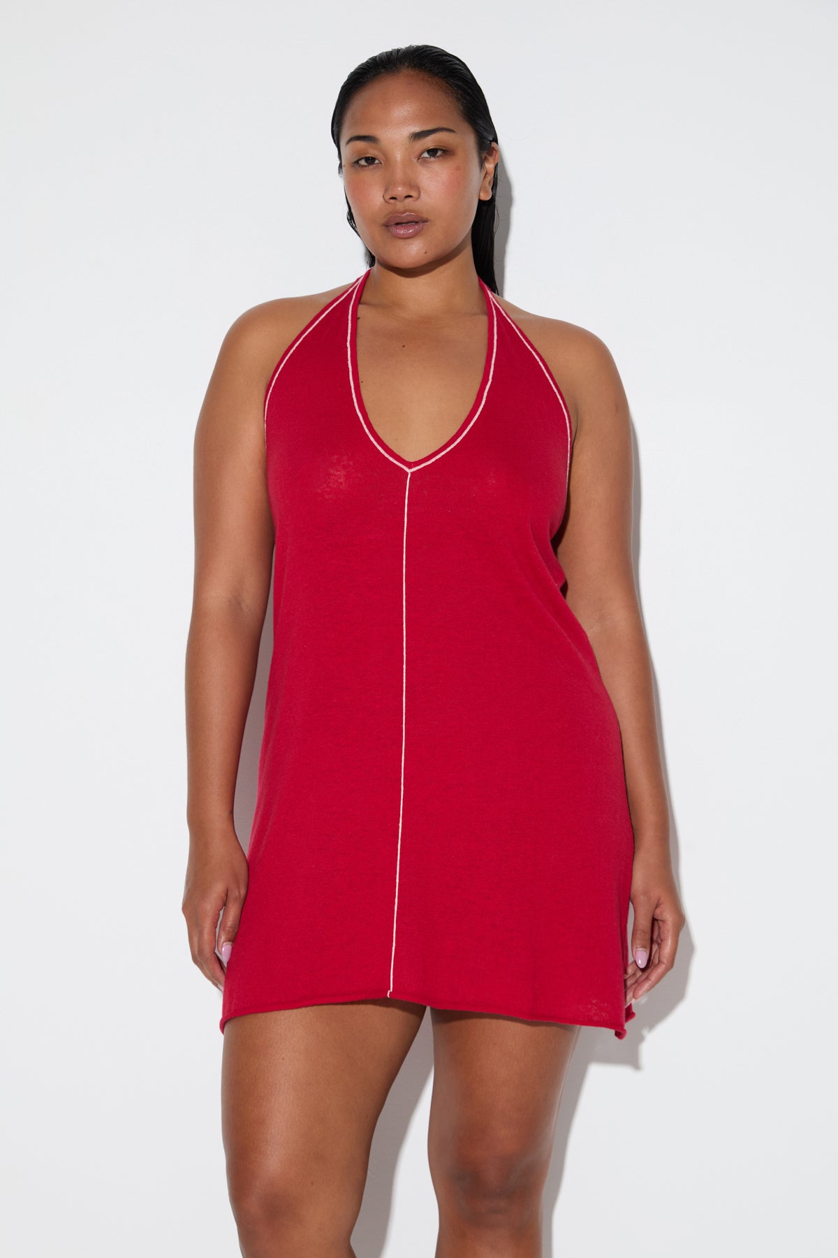 Soft Contrast Halter Dress - Cherry Red