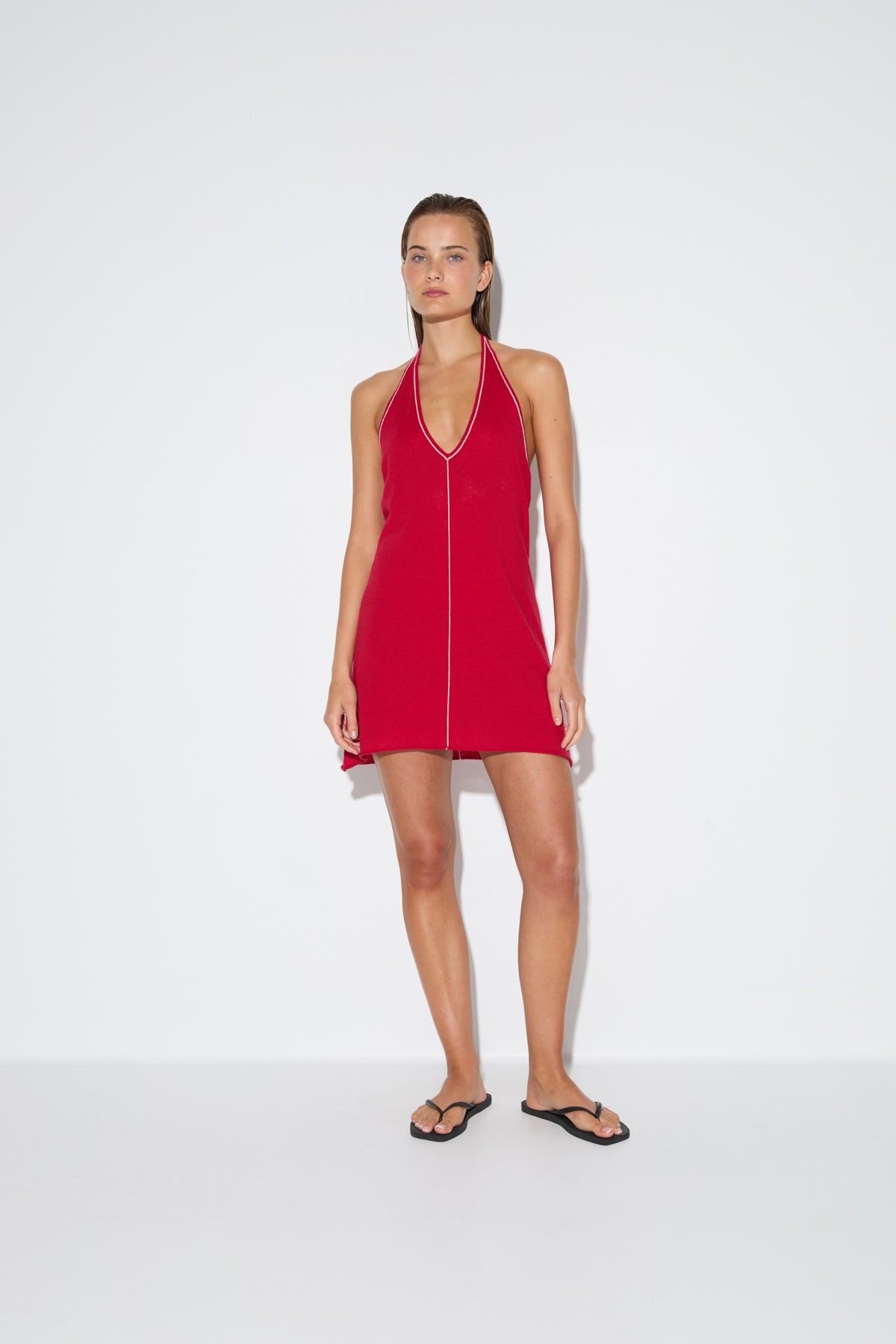 Soft Contrast Halter Dress - Cherry Red