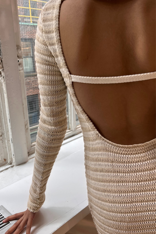 Cotton Lattice Knit Mini Dress - Natural Stripe