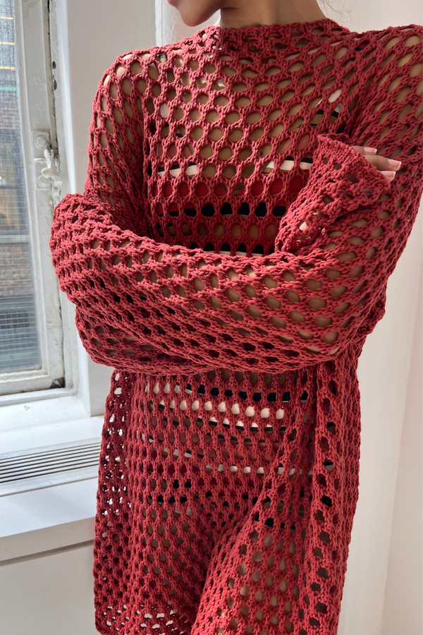 Crochet Knit Tunic Dress - Deep Red