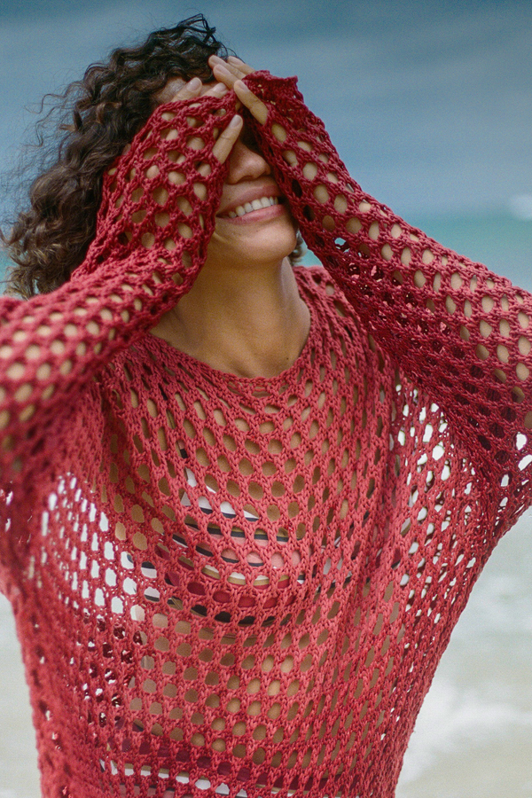 Crochet Knit Tunic Dress - Deep Red