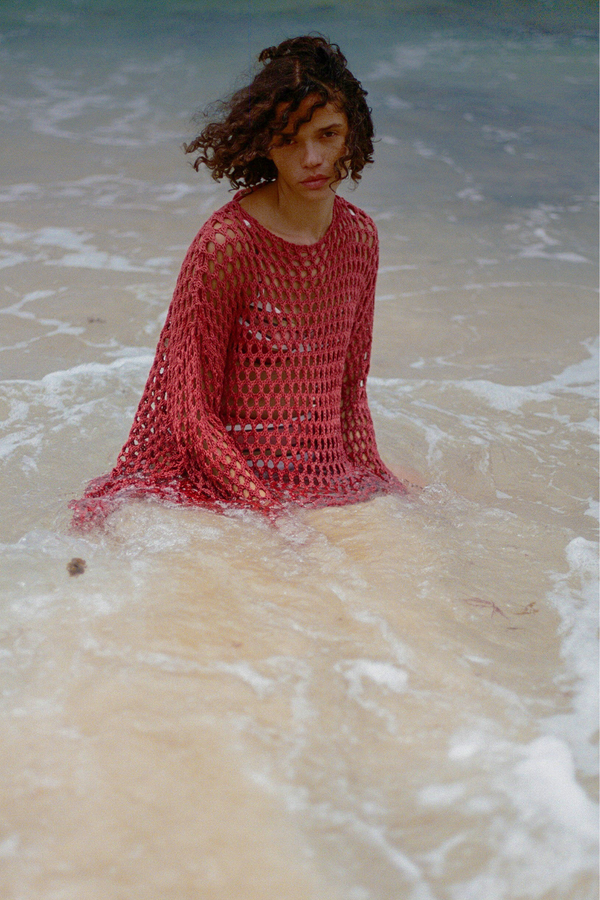 Crochet Knit Tunic Dress - Deep Red