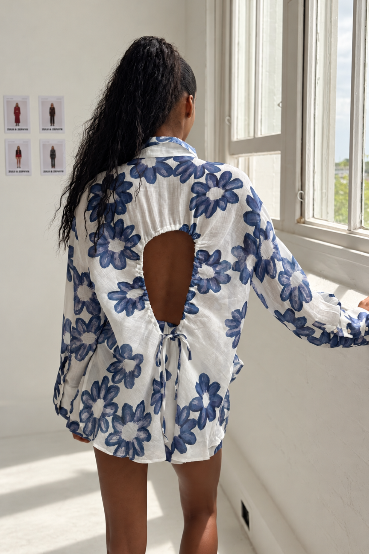 Ramie Tie Shirt - Blue Flower