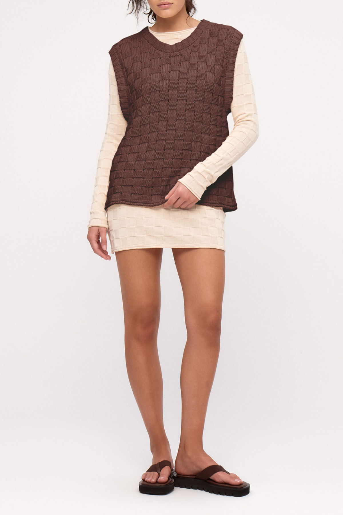 Basketweave Knit Vest - Deep Brown