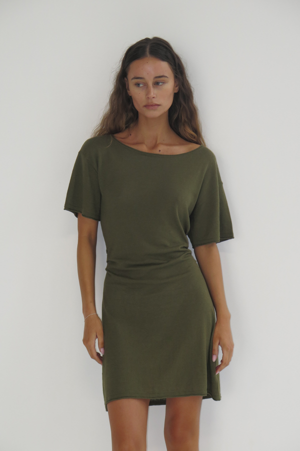 Linen Cotton Mini Dress - Khaki