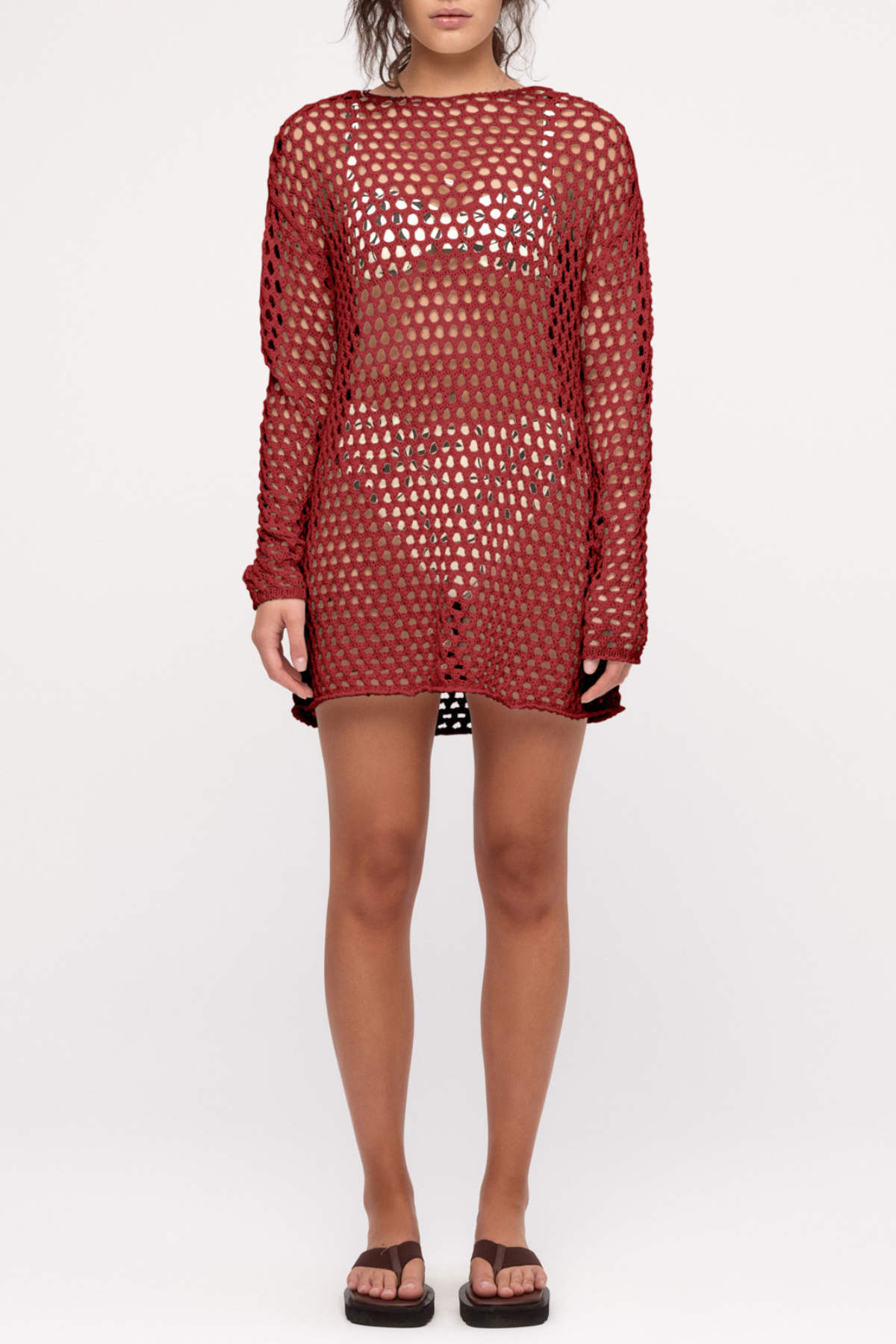 Crochet Knit Tunic Dress - Deep Red