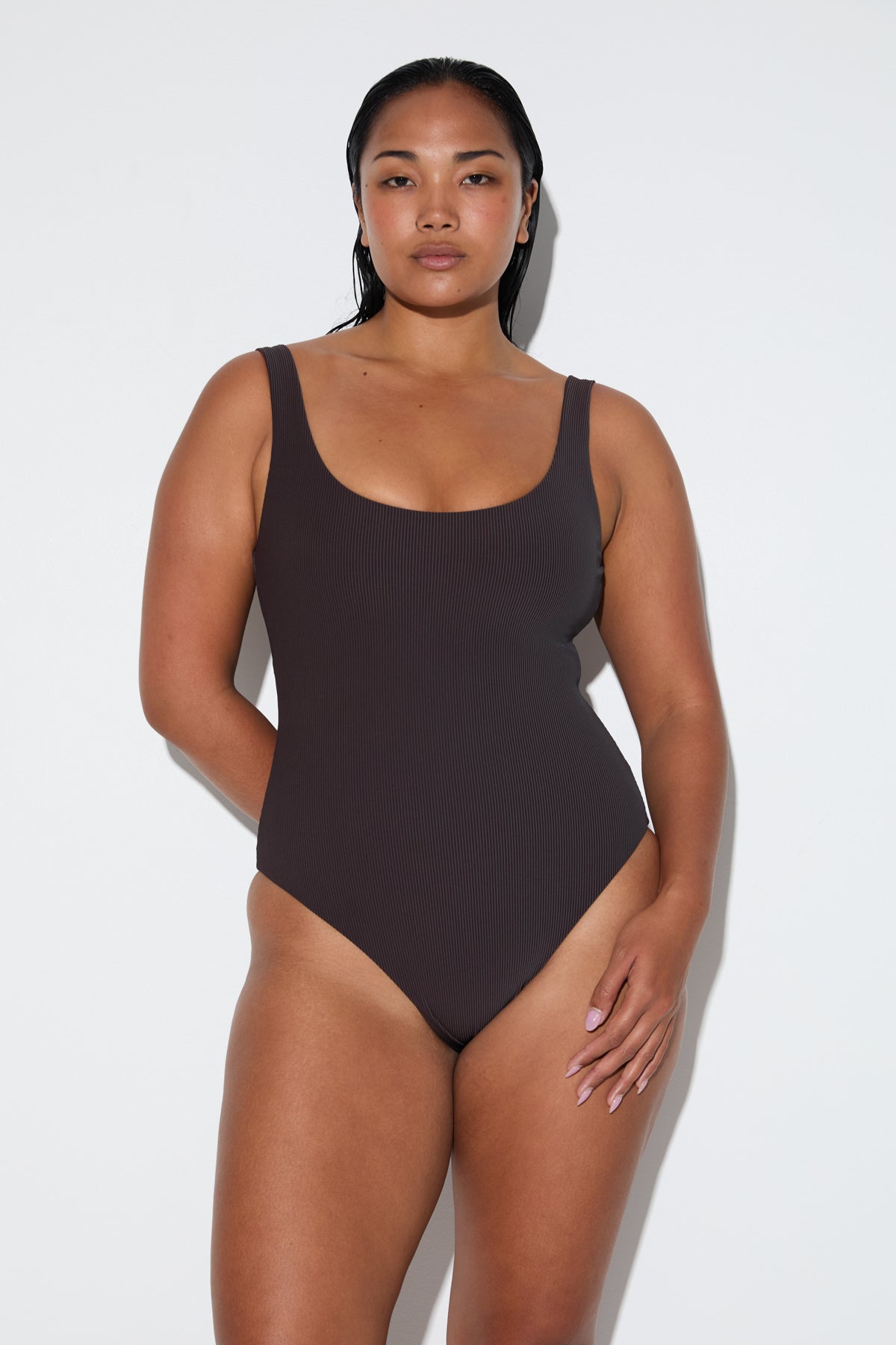 Signature Stripe Scoop One Piece - Smoky Brown