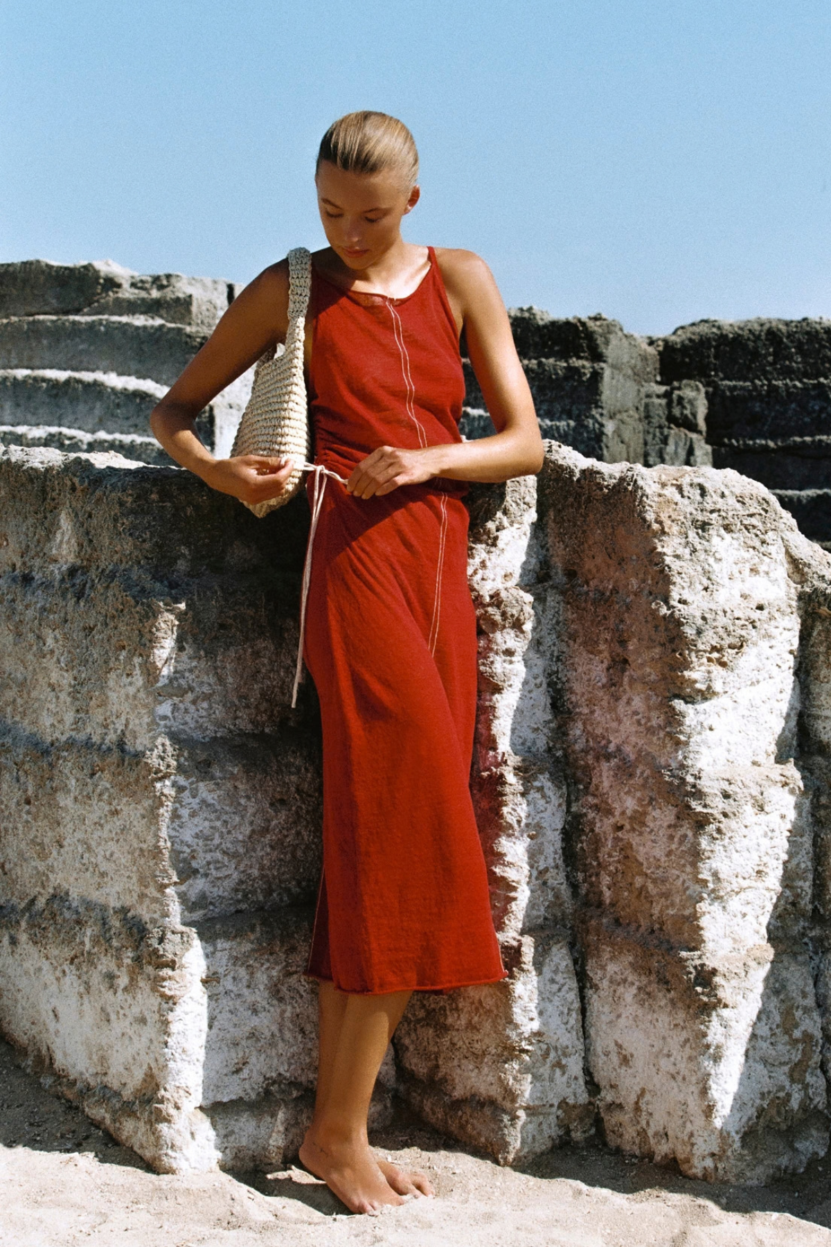 Gathered Knit Dress - Red