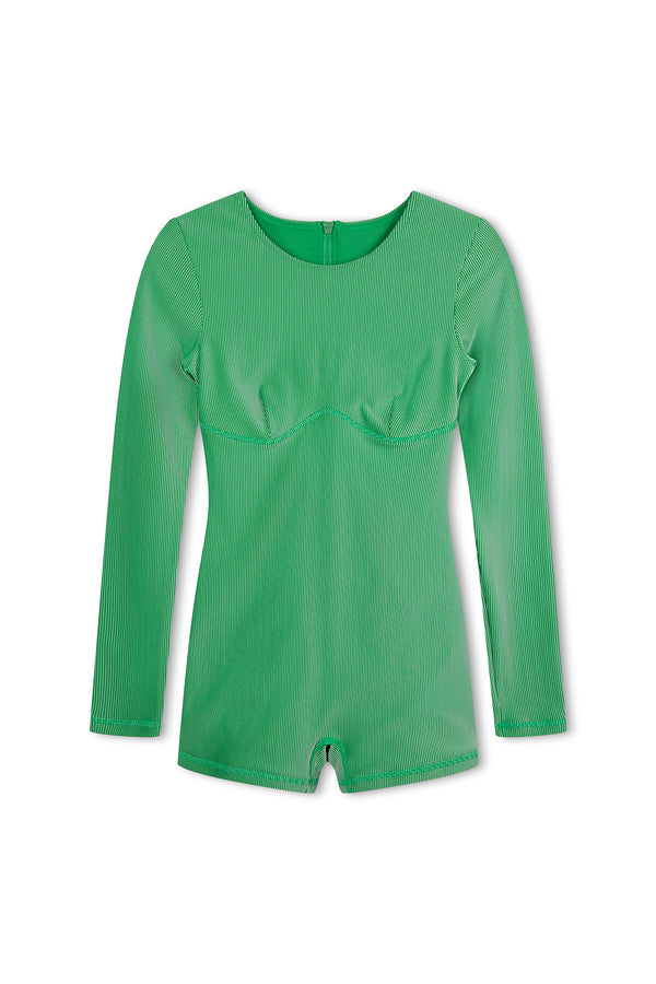 Stripe Rib Long Sleeve One Piece - Parrot Green