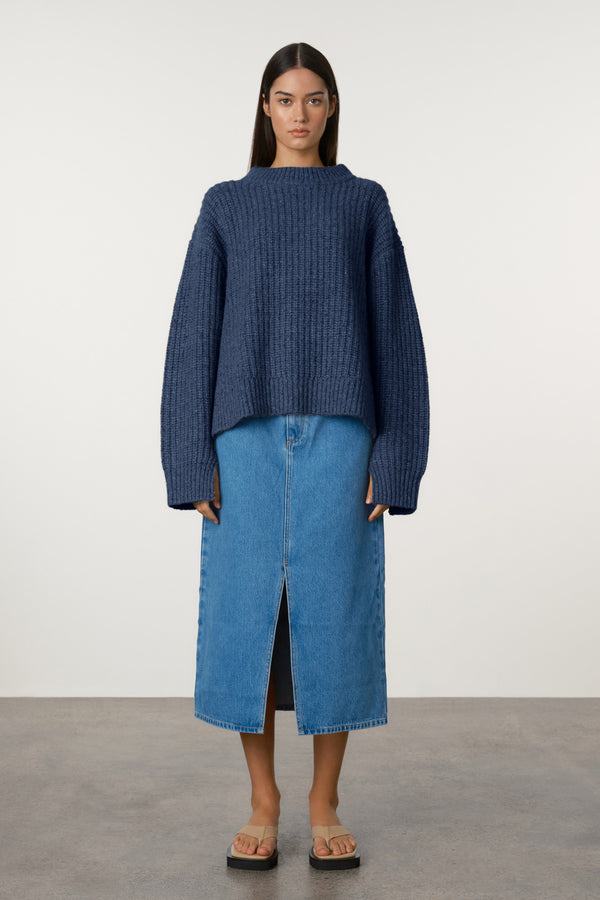 Merino Wool Blend Knit Jumper - Indigo Blue