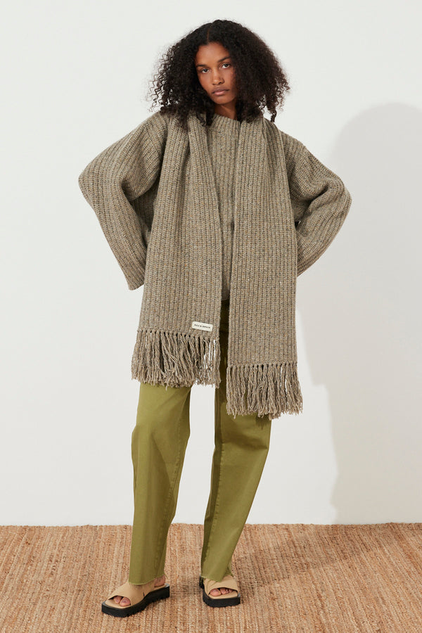 Olive Merino Wool Blend Knit Scarf
