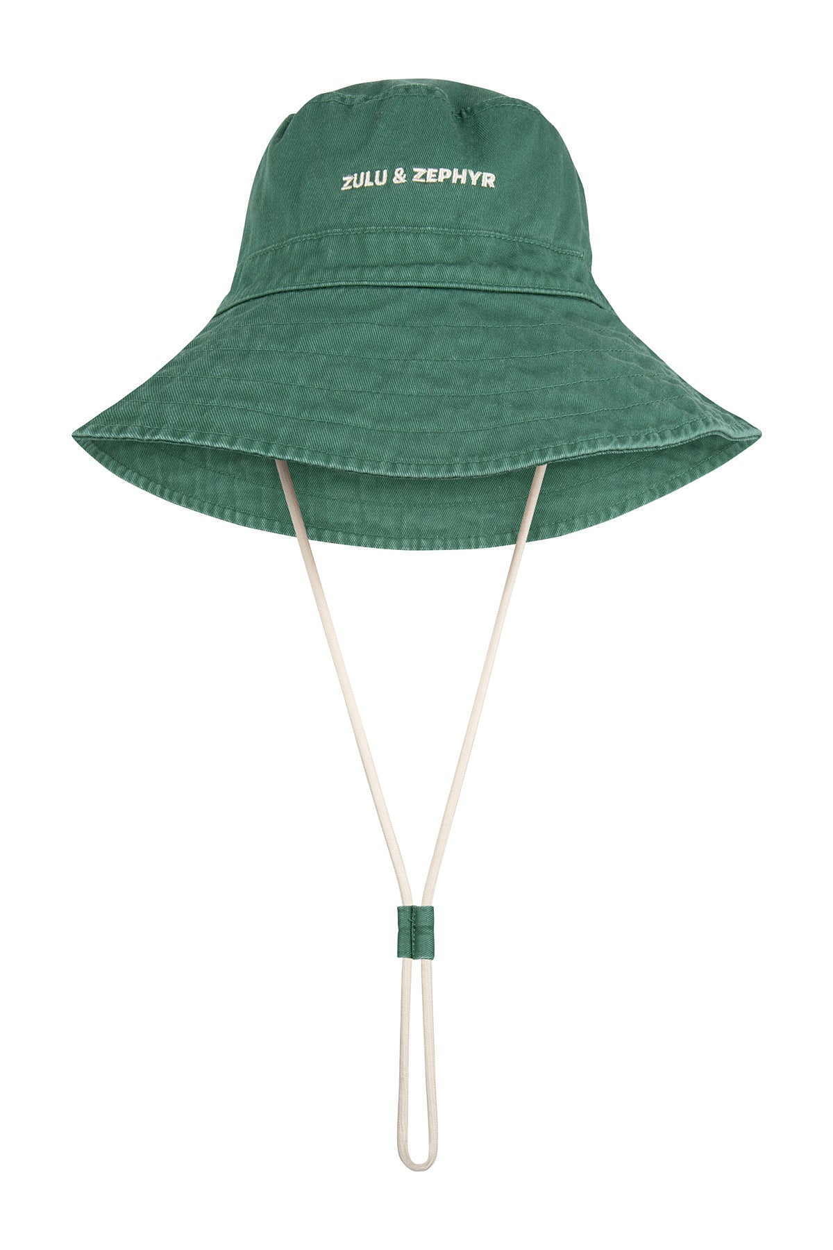 Green bucket hat with a strap on a white background