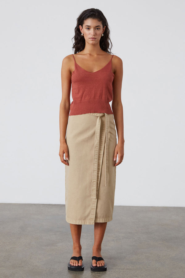 Sand Denim Wrap Midi Skirt