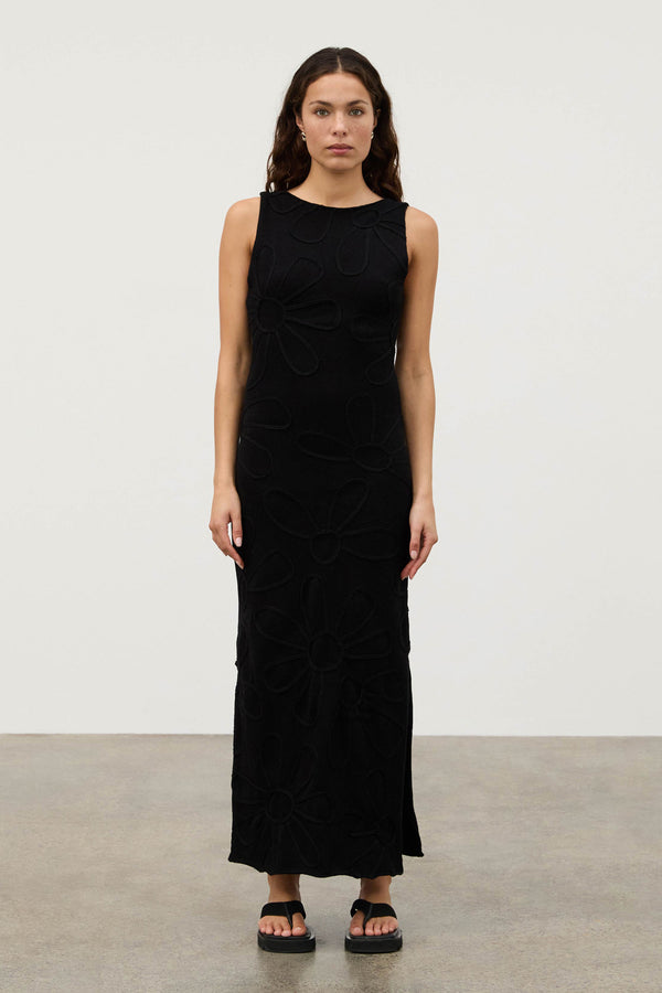 Black Cotton Applique Knit Dress