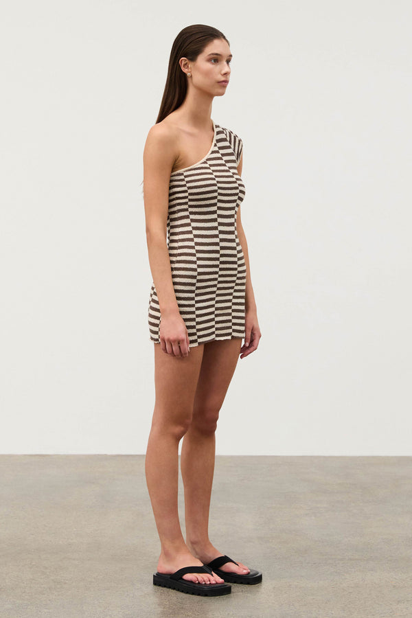 Cocoa Grid Textured One Shoulder Knit Dress