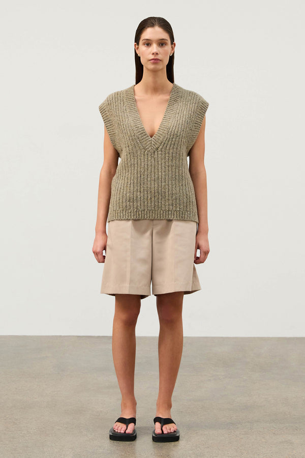 Olive Merino Wool Blend Rib Knit Vest