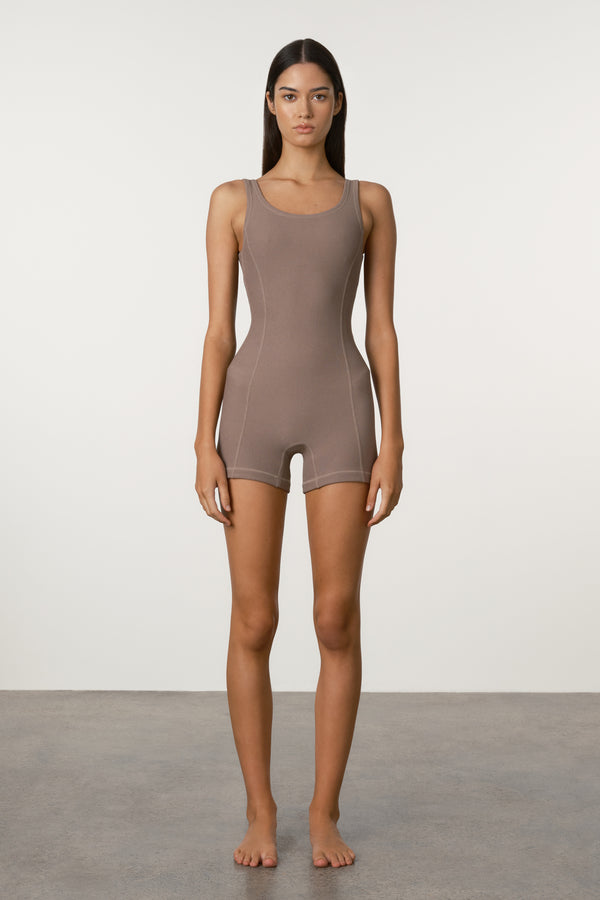 Waffle Panelled Bodysuit - Carob