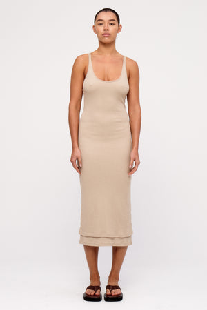 【美品✨️】RHC Organic Cotton Rib Neck Dress Rib Hemp Jersey Midi Dress - Husk
