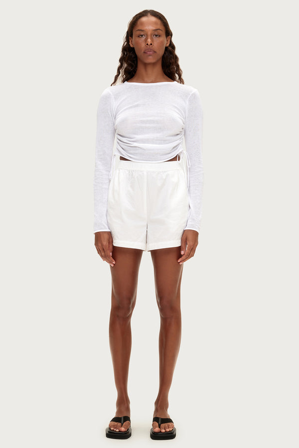 Gathered Knit Long Sleeve Top - White