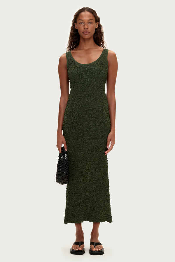 Crinkle Knit Dress - Tallow Green