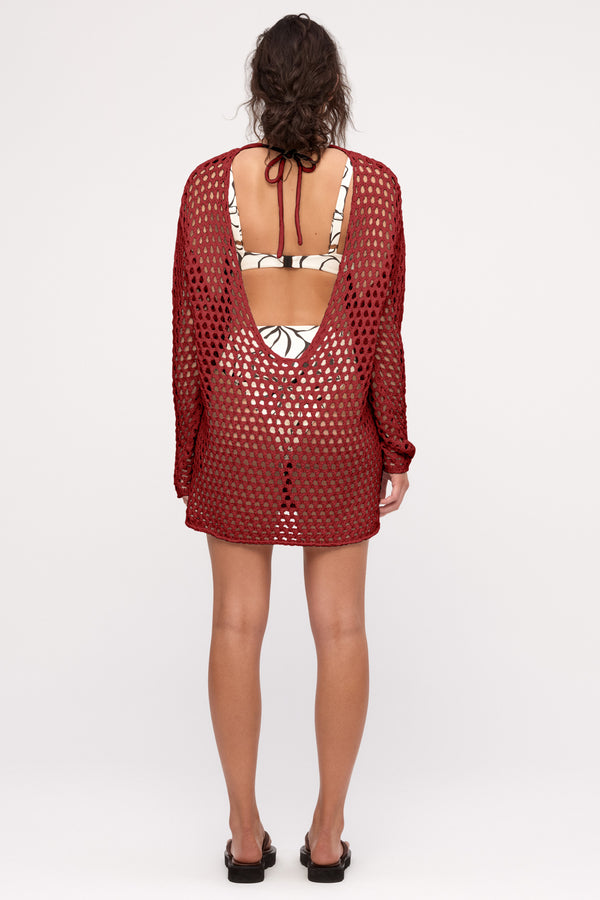 Crochet Knit Tunic Dress - Deep Red