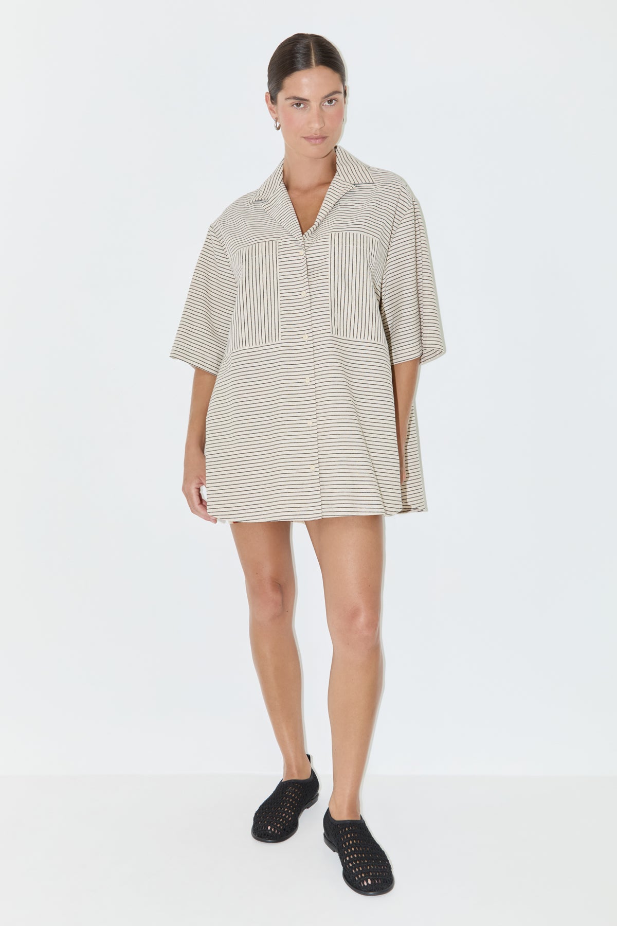 Linen Blend Shirt - Black Pin Stripe