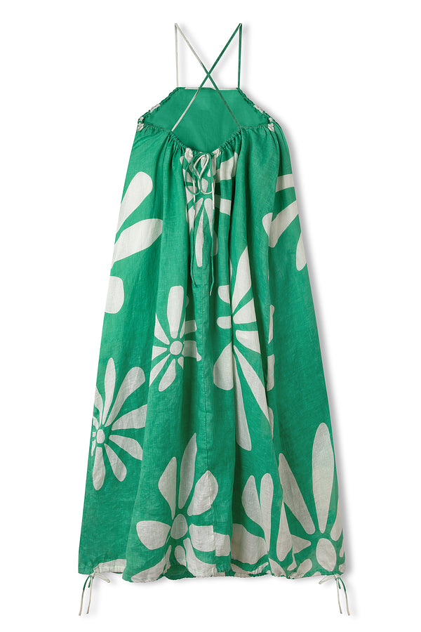 The Green Flower Linen Drawcord Dress